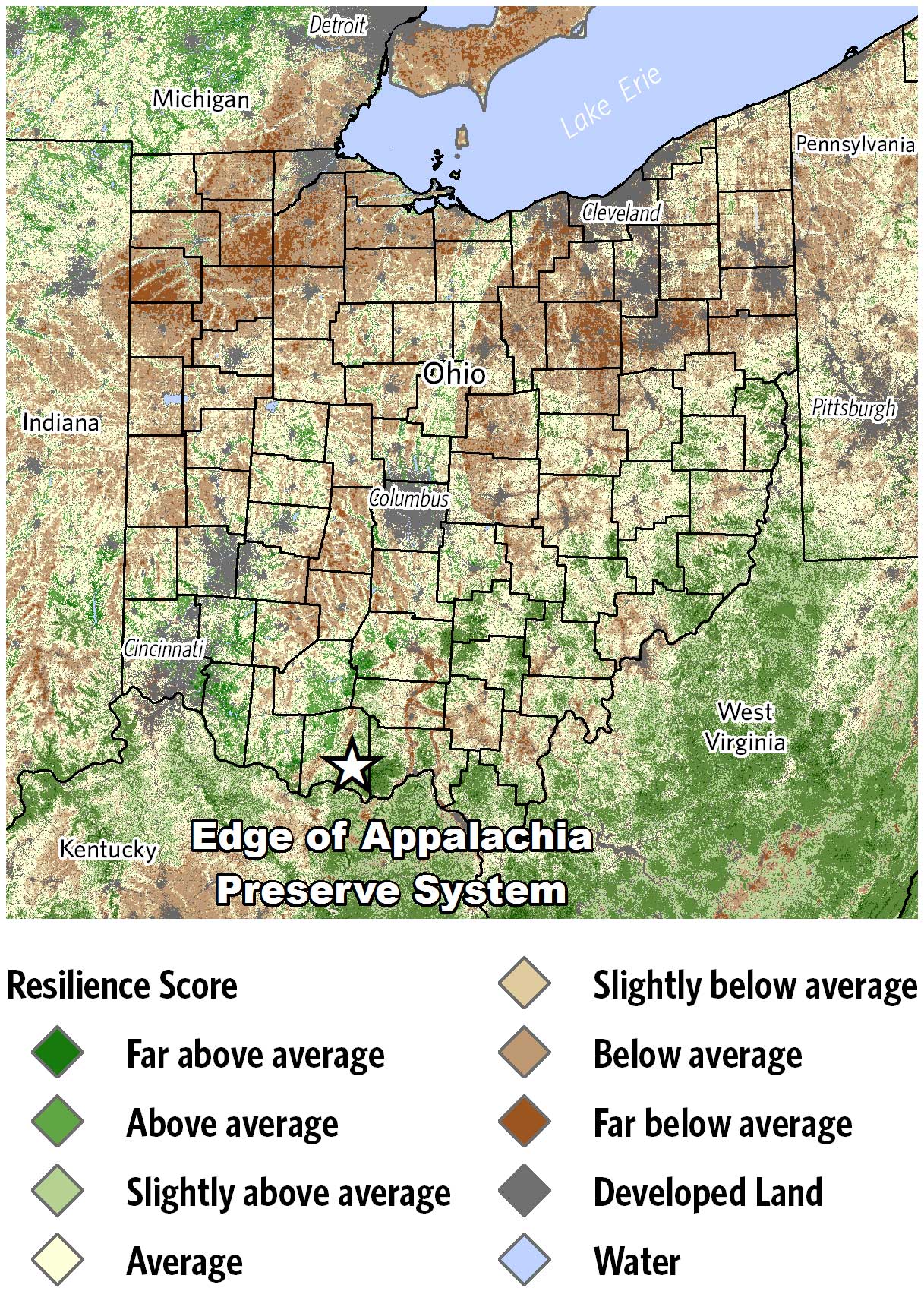 Map of climate change resilient sites across Ohio.